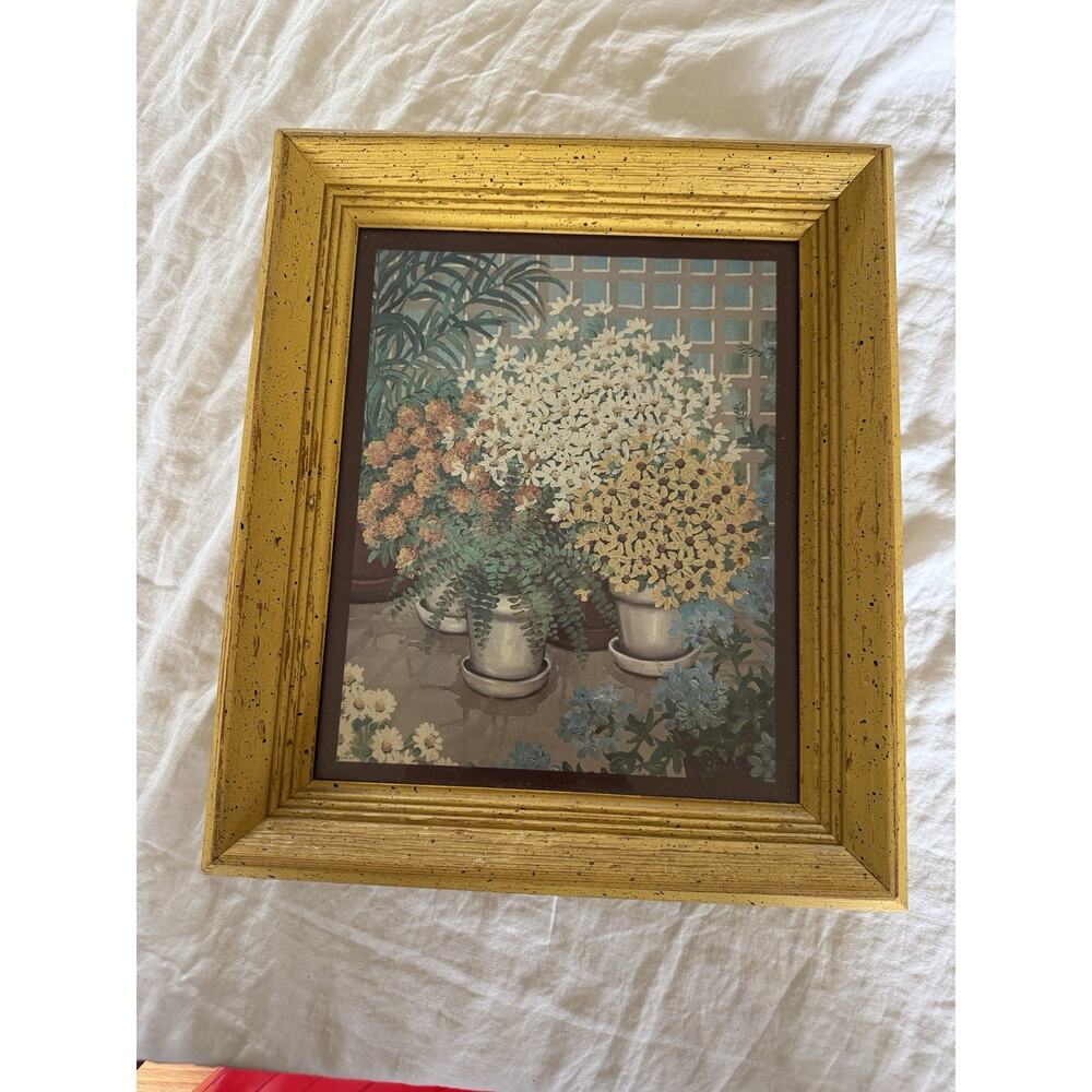 Vintage Floral Print With Yellow Speckled Wooden Frame